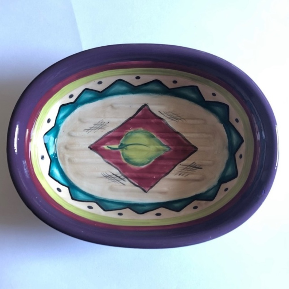 Dish ceramic decorative purple, soft red, turquoise, and lime